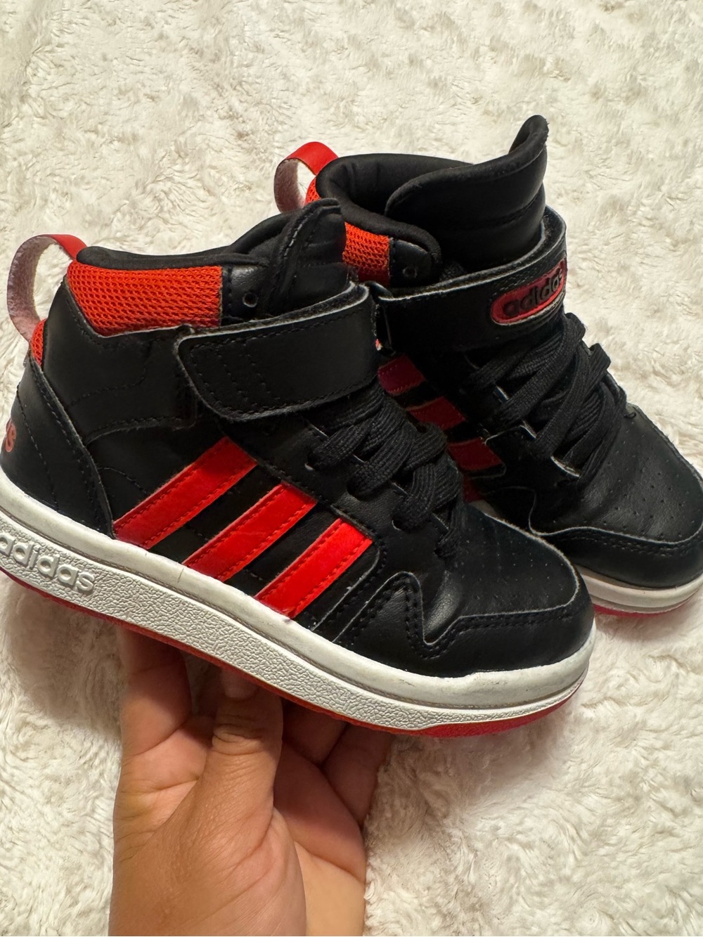 Adidas Kids size 11k Black and Red High-Top Sneakers with Hook-and-Loop Strap